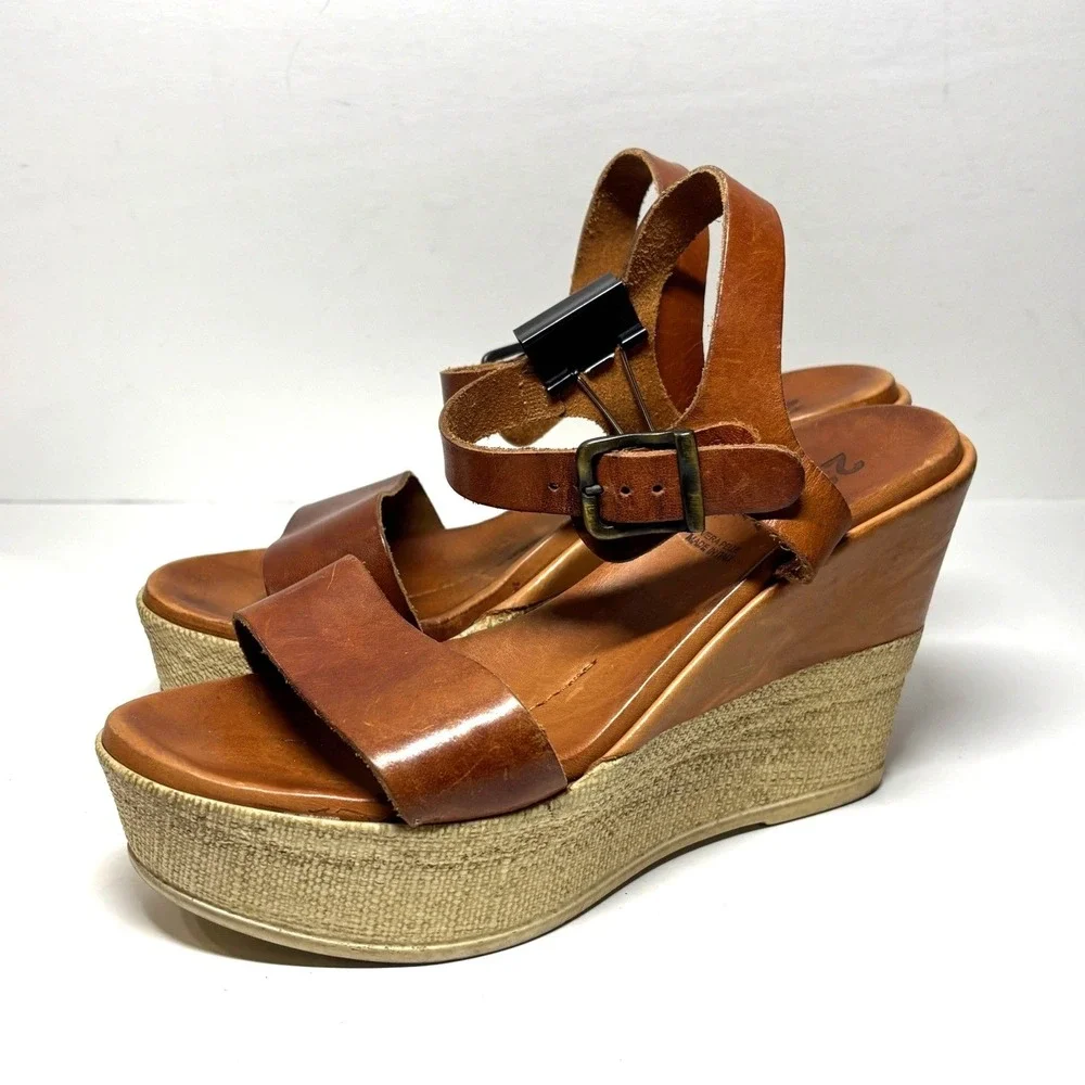 220V Platform Wedge‎ Sandals Womens 41 Brown Leather Made in Italy Boho Retro